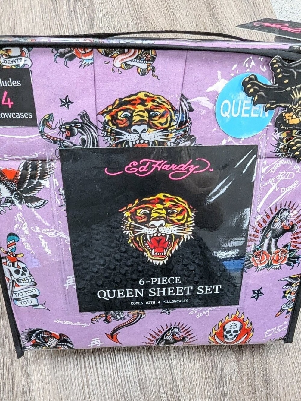 New 6pc Ed Hardy Lavender Purple Queen Sheet Set with Tattoo Art